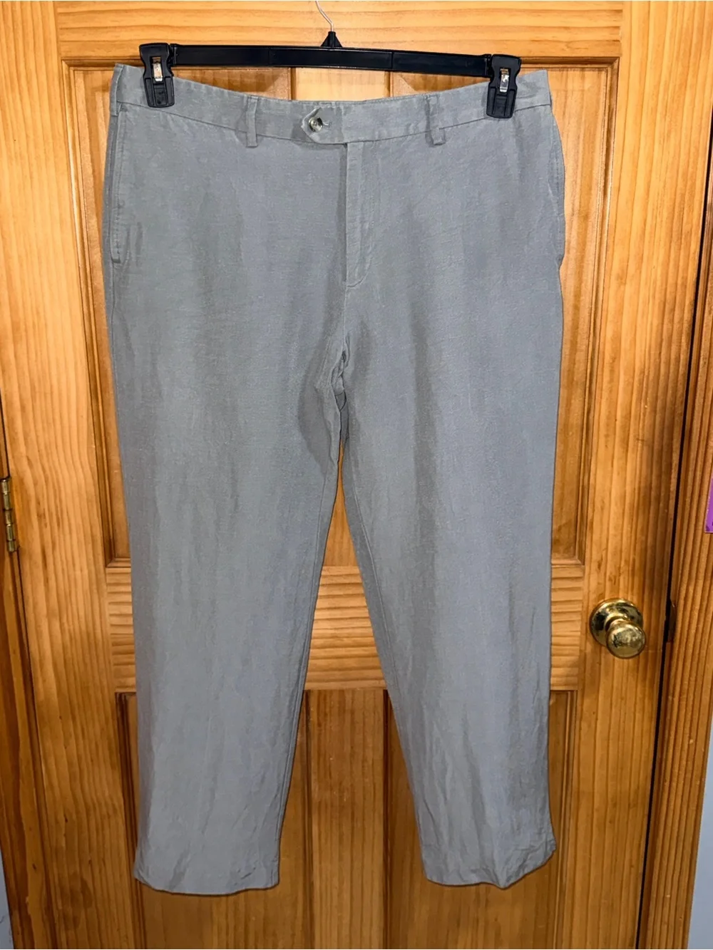 Men's Light Gray Linen Blend Casual Trousers - Classic Straight Fit-36x30-EC